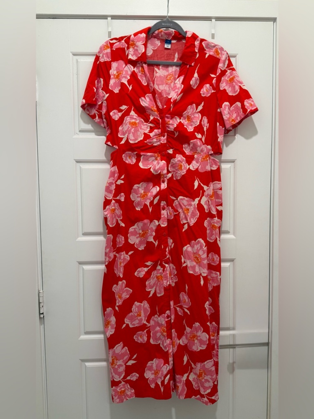 Old Navy Red Midi Dress with Pink Floral Print